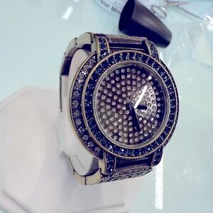 Heidi Daus Crystal Statement Watch Blue Rhinestone Glam Bracelet